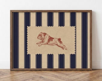 Lámina artística de bulldog, rayas azul marino, arte de pared de bulldog inglés de inspiración vintage, regalo para amantes de los perros