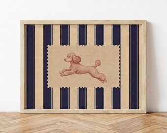 Lámina artística de caniche, rayas azul marino, decoración de pared con motivos de perros de inspiración vintage.