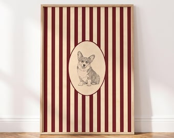 Lámina artística de Corgi, arte de pared de Pembroke Welsh Corgi, camafeo de rayas burdeos, retrato de perro a lápiz vintage, regalo para amantes de los Corgis.