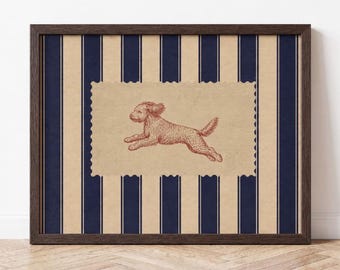 Lámina artística de Labradoodle, arte mural vintage de perros, Labradoodle a rayas azul marino, decoración de perros estilo granja y costero, regalo de Labradoodle