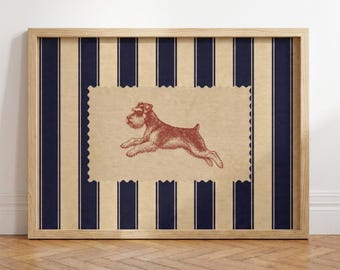 Lámina artística de Schnauzer, rayas azul marino, arte de pared de Schnauzer miniatura de inspiración vintage, regalo para amantes de los perros