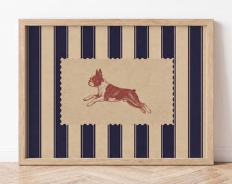 Lámina artística de Boston Terrier, rayas azul marino, arte de pared de perros de inspiración vintage, regalo para mamás de Boston Terrier