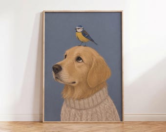 Arte de Golden Retriever, estampado de perro con suéter de punto trenzado, retrato folclórico caprichoso, regalo para amantes de las aves, arte mural de perro estilo cottagecore