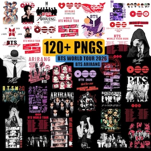 May include: A digital collection of 120+ PNG graphic files featuring BTS World Tour 2026 Arirang branding. The set includes various portraits of the seven members, stylized logos, concert tour text, whale illustrations, and red and black motifs.