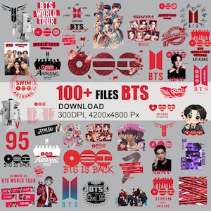 Op de afbeelding: Een digitale collectie van meer dan 100 BTS-thema grafische bestanden met rode en zwarte logo's, portretten van bandleden, concerttourteksten en illustraties. De lay-out bevat diverse BTS World Tour Arirang-ontwerpen, tekstelementen en chibi-stijl karakterkunst op een lichtgrijze achtergrond met 300DPI en 4200x4800 Px specificaties.