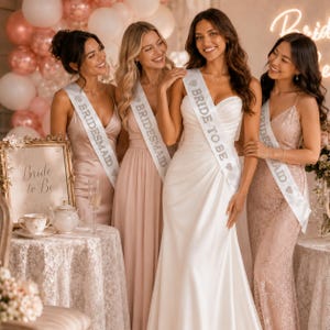 May include: A white satin sash with the text BRIDE TO BE in silver glitter lettering and two small heart icons. The sash is worn diagonally across the torso, featuring a smooth, polished finish and clean edges, designed for a bridal celebration.