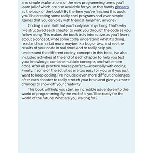 The image is a book cover with a title and a subtitle, featuring a list of instructions and examples for learning new programming concepts.