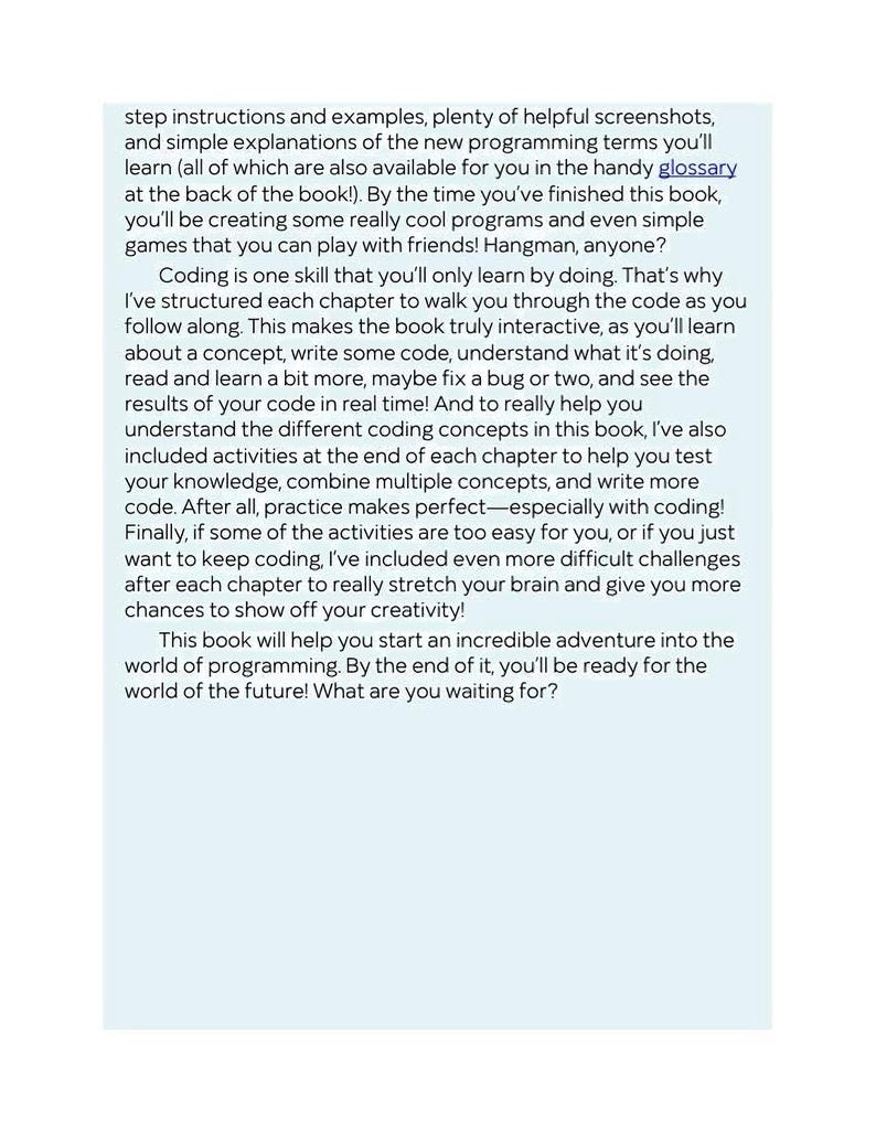 The image is a book cover with a title and a subtitle, featuring a list of instructions and examples for learning new programming concepts.