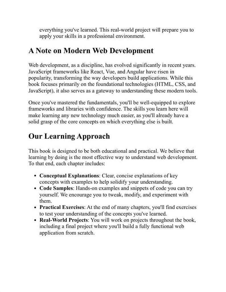 The image is a book that provides a comprehensive learning approach to web development, covering conceptual explanations, code samples, and real-world projects.