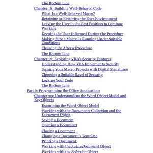 a list of topics and subtopics related to programming and software development, including code documentation, security features, and office applications.