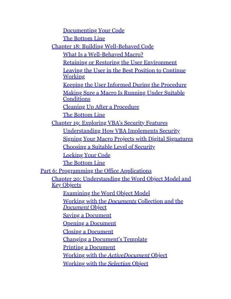 a list of topics and subtopics related to programming and software development, including code documentation, security features, and office applications.