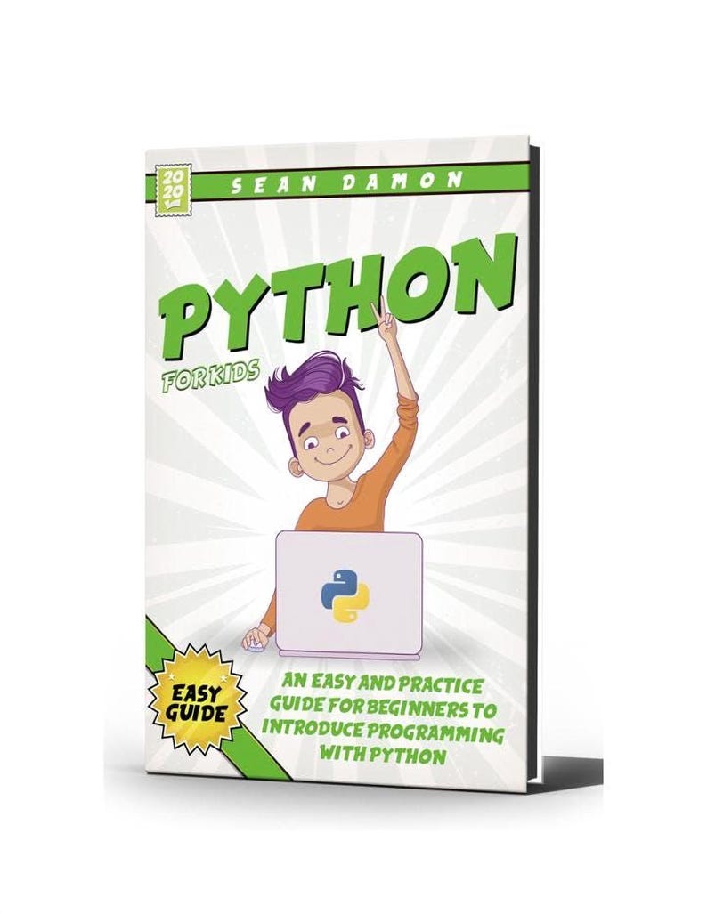 The image is a book cover for "Python for Kids" by Sean Damon. It features a cartoon boy with a laptop, and the title and author's name are prominently displayed.