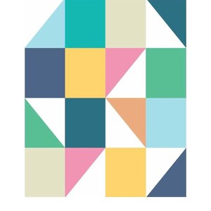 The image is a colorful geometric pattern composed of various shapes and colors, including squares, triangles, and rectangles, arranged in a visually appealing and symmetrical manner.