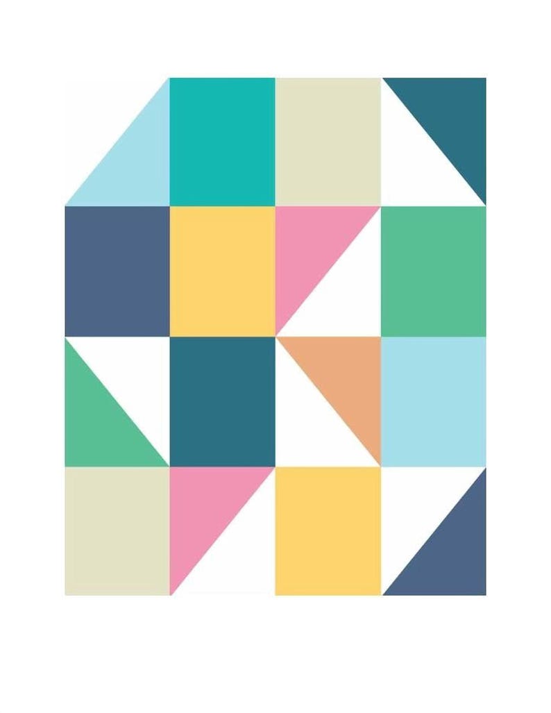 The image is a colorful geometric pattern composed of various shapes and colors, including squares, triangles, and rectangles, arranged in a visually appealing and symmetrical manner.