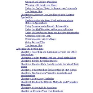 The image is a list of various topics and concepts related to programming, specifically focusing on the use of VBA (Visual Basic Editor) and the VBA Syntax.