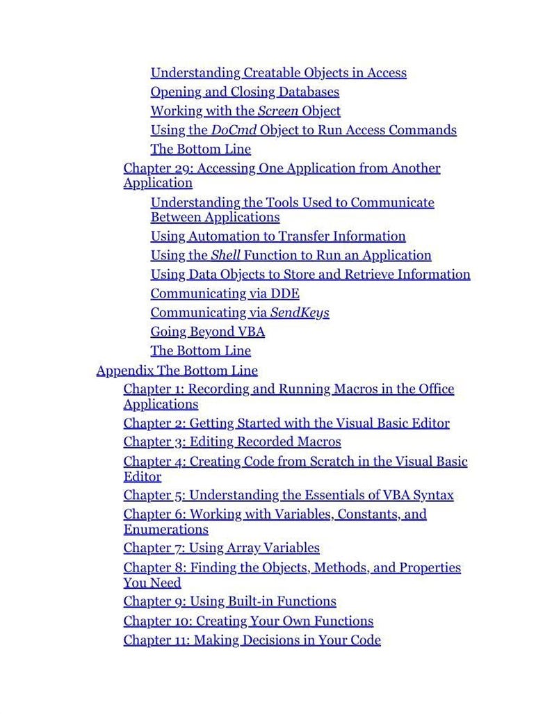 The image is a list of various topics and concepts related to programming, specifically focusing on the use of VBA (Visual Basic Editor) and the VBA Syntax.