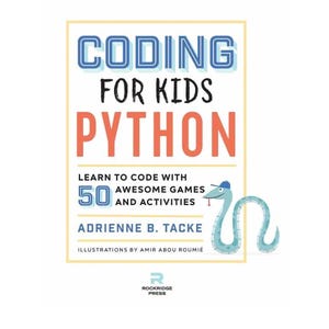 The image is a cover for a book titled "Coding for Kids Python" by Adrienne B. Tacke. The cover features a blue snake and the title of the book in large, bold text.