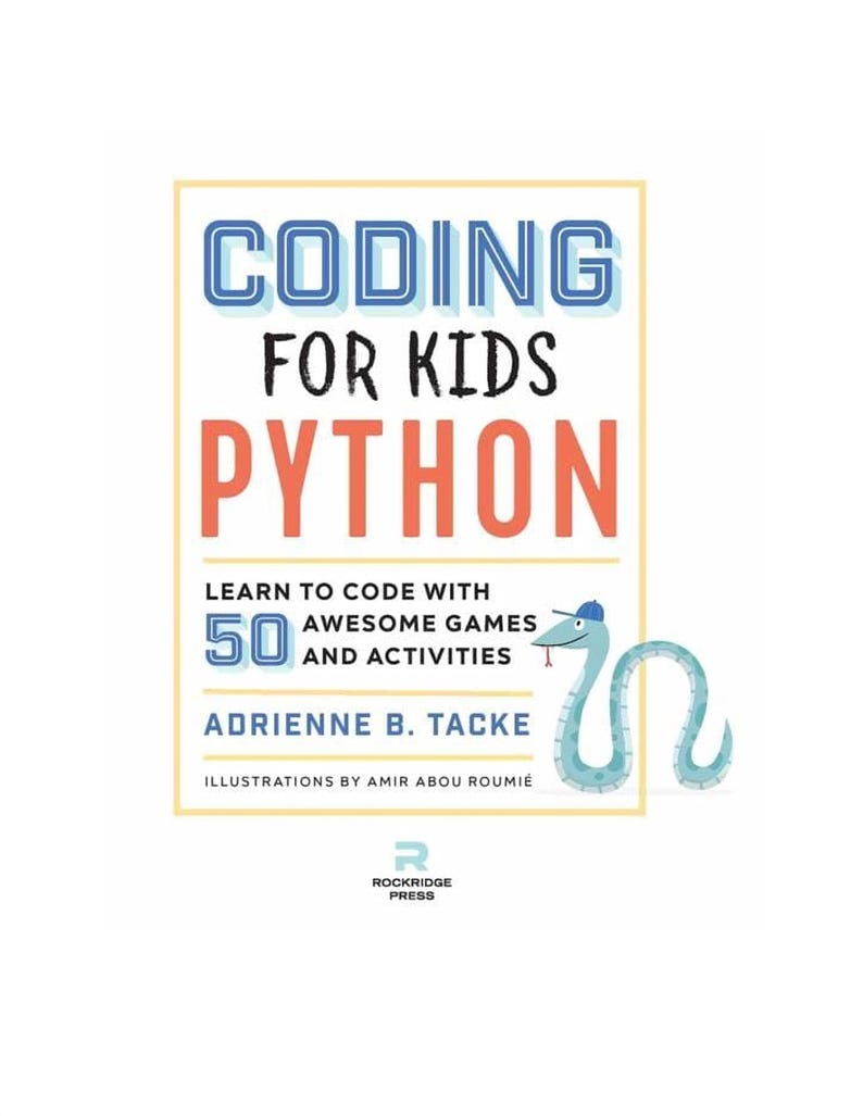The image is a cover for a book titled "Coding for Kids Python" by Adrienne B. Tacke. The cover features a blue snake and the title of the book in large, bold text.