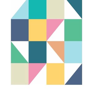 The image is a colorful geometric pattern composed of various shapes, including squares, triangles, and rectangles, arranged in a visually appealing manner.