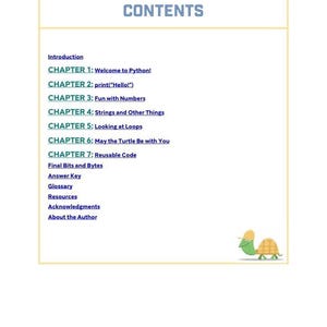 a list of contents for a book or document, with each chapter title and a brief description. The title "CONTENTS" is prominently displayed at the top of the page.