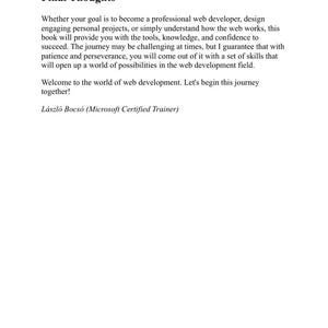 The image is a Microsoft Certified Trainer's book cover for "Final Thoughts" on web development.