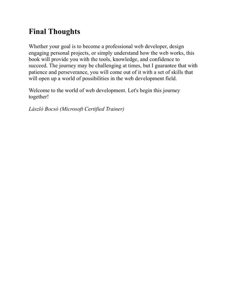 The image is a Microsoft Certified Trainer's book cover for "Final Thoughts" on web development.