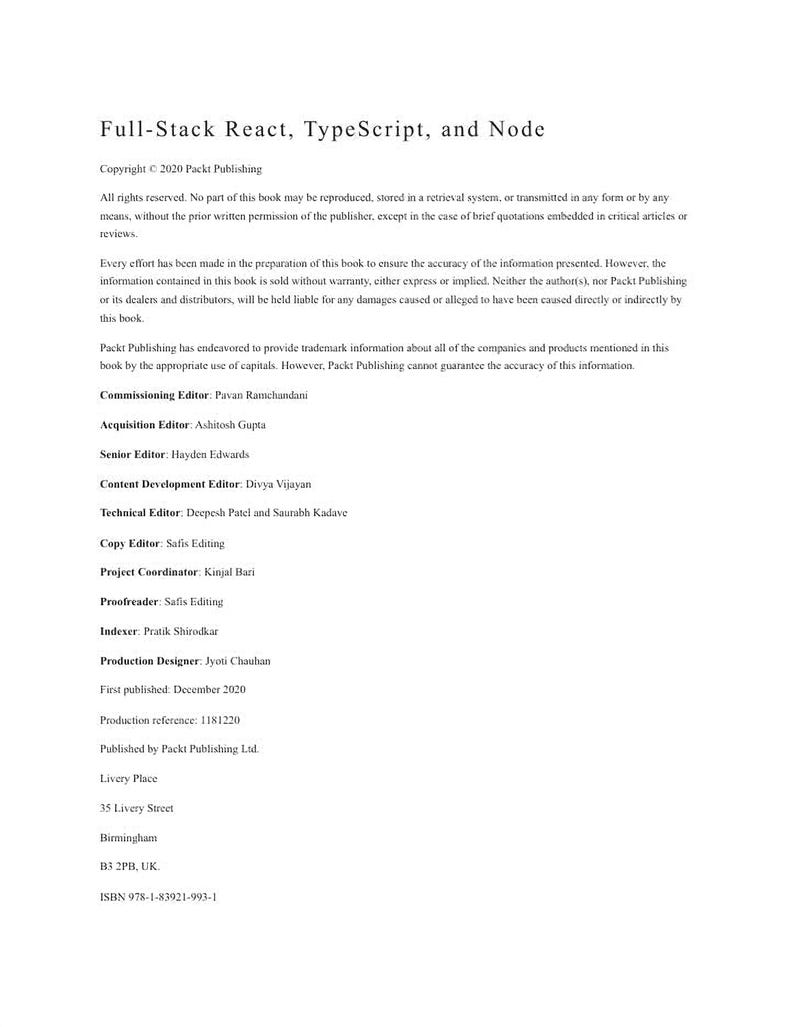 a book titled "Full-Stack React, TypeScript, and Node" by PACKBOCK, published by PACKBOCK PUBLISHING.