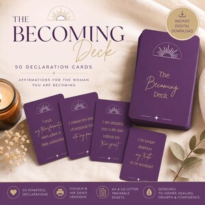 Op de afbeelding: Een paarse affirmatiekaartenset getiteld "The Becoming Deck" met gouden letters. De kaarten bevatten affirmaties voor vrouwen, met zinnen als "Ik vertrouw mijn transformatie" en "Ik stap in een leven dat mijn ware geest weerspiegelt."
