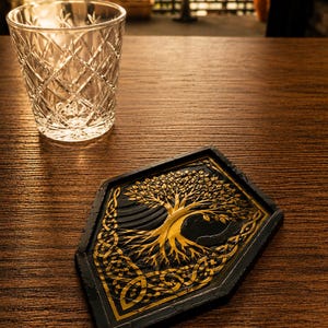 Wisdom Tree Shield Coaster With Black and Gold Fantasy Knotwork Decor