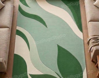 Hand Tufted Wool Rug Modern Geometric Rug Green and Cream Abstract Area Rug Scandinavian Rug Contemporary Rug Living Room Bedroom