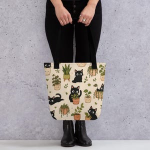 Cute Black Cat Tote Bag | Botanical Cat Canvas Tote | Cottagecore Tote Bag | Kawaii Plant Lover Gift | Reusable Shopping Bag
