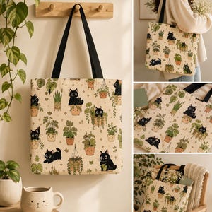 Black Cat Botanical Tote Bag | Cottagecore Plant Lover Canvas Bag image 1