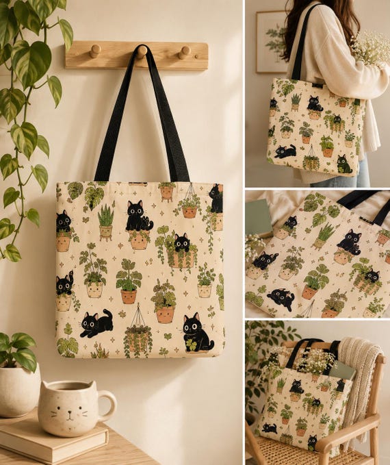Black Cat Botanical Tote Bag | Cottagecore Plant Lover Canvas Bag