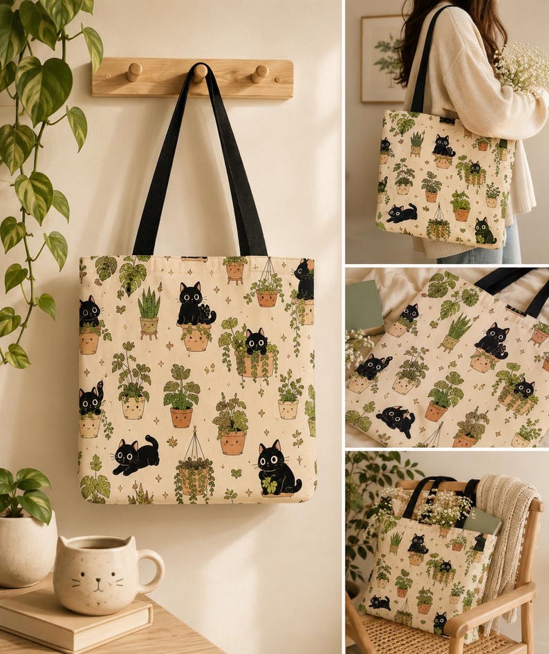 Black Cat Botanical Tote Bag | Cottagecore Plant Lover Canvas Bag image 1