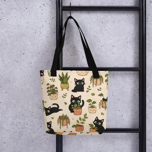 Cute Black Cat Tote Bag | Botanical Cat Canvas Tote | Cottagecore Tote Bag | Kawaii Plant Lover Gift | Reusable Shopping Bag