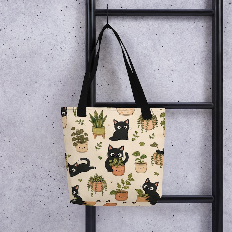 Cute Black Cat Tote Bag | Botanical Cat Canvas Tote | Cottagecore Tote Bag | Kawaii Plant Lover Gift | Reusable Shopping Bag