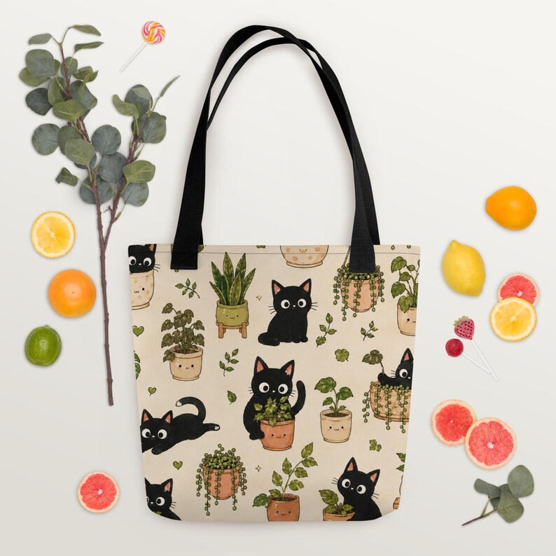 Cute Black Cat Tote Bag | Botanical Cat Canvas Tote | Cottagecore Tote Bag | Kawaii Plant Lover Gift | Reusable Shopping Bag