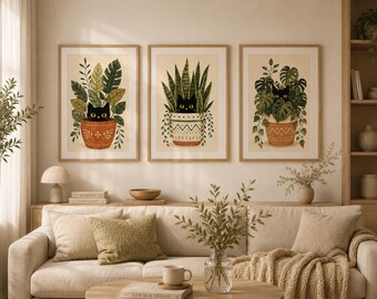 Black Cat Botanical Art Print | Olive Green Monstera Plant Decor (Digital Download)