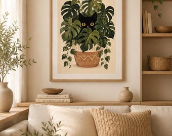 Black Cat Monstera Leaves Print | Botanical Olive Green Cat Decor (Digital Download)