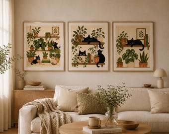 Botanical Cat Prints Set | Black Cat Plant Wall Art Bundle (Digital Download)