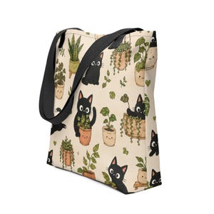 Cute Black Cat Tote Bag | Botanical Cat Canvas Tote | Cottagecore Tote Bag | Kawaii Plant Lover Gift | Reusable Shopping Bag