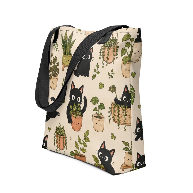 Cute Black Cat Tote Bag | Botanical Cat Canvas Tote | Cottagecore Tote Bag | Kawaii Plant Lover Gift | Reusable Shopping Bag