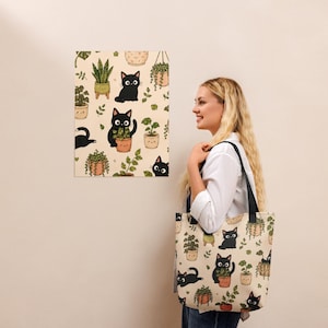 Cute Black Cat Tote Bag | Botanical Cat Canvas Tote | Cottagecore Tote Bag | Kawaii Plant Lover Gift | Reusable Shopping Bag