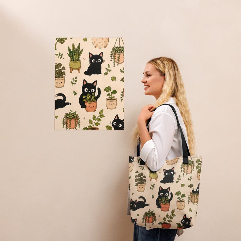 Cute Black Cat Tote Bag | Botanical Cat Canvas Tote | Cottagecore Tote Bag | Kawaii Plant Lover Gift | Reusable Shopping Bag