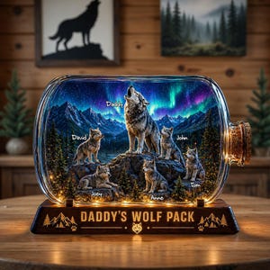 May include: A glass bottle display featuring a wolf pack under an aurora borealis sky with mountains and pine trees. The wolves are labelled with the names Daddy, David, John, Joey, Tom, and Anne. The wooden base is engraved with DADDY'S WOLF PACK.
