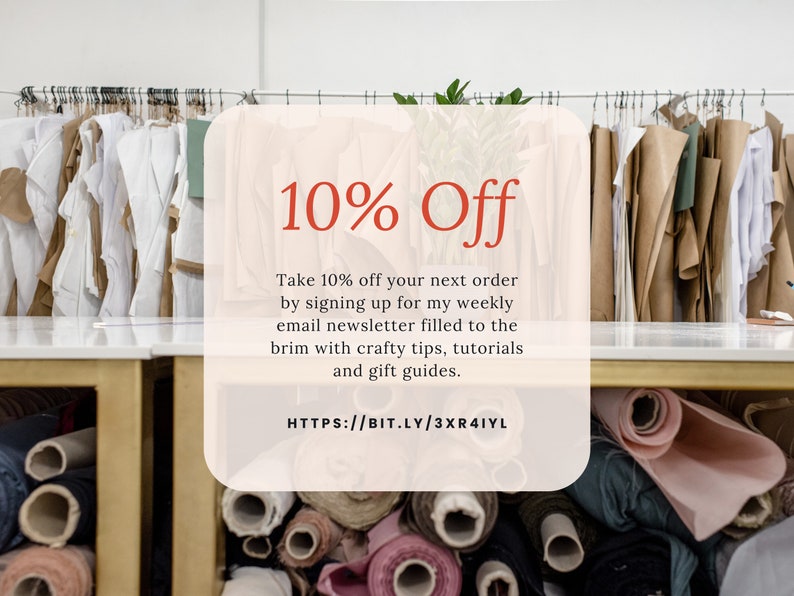 May include: A pink and white graphic with the text "10% Off" in red. The text below reads "Take 10% off your next order by signing up for my weekly email newsletter filled to the brim with crafty tips, tutorials and gift guides." The text at the bottom reads "HTTPS://BIT.LY/3XR4IYL".
