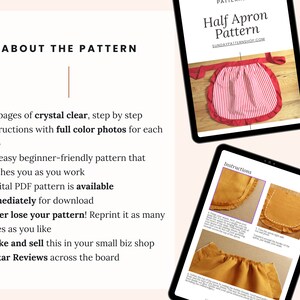 May include: A digital download for a half apron sewing pattern. The pattern includes 20 pages of instructions with full color photos, and is available immediately for download. The image shows a red and white striped apron and a close-up of the instructions.
