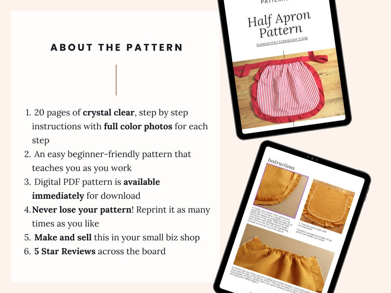 May include: A digital download for a half apron sewing pattern. The pattern includes 20 pages of instructions with full color photos, and is available immediately for download. The image shows a red and white striped apron and a close-up of the instructions.