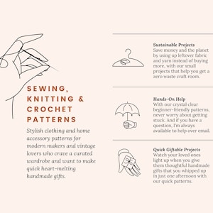 May include: A graphic illustration of a hand holding a needle and thread, with the text "Sewing, Knitting & Crochet Patterns" and a description of stylish clothing and home accessory patterns for modern makers and vintage lovers.