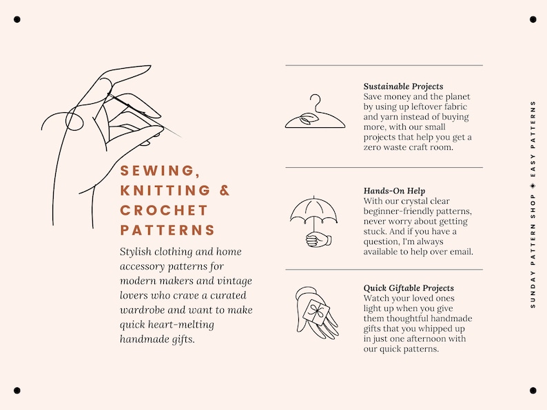 May include: A graphic illustration of a hand holding a needle and thread, with the text "Sewing, Knitting & Crochet Patterns" and a description of stylish clothing and home accessory patterns for modern makers and vintage lovers.